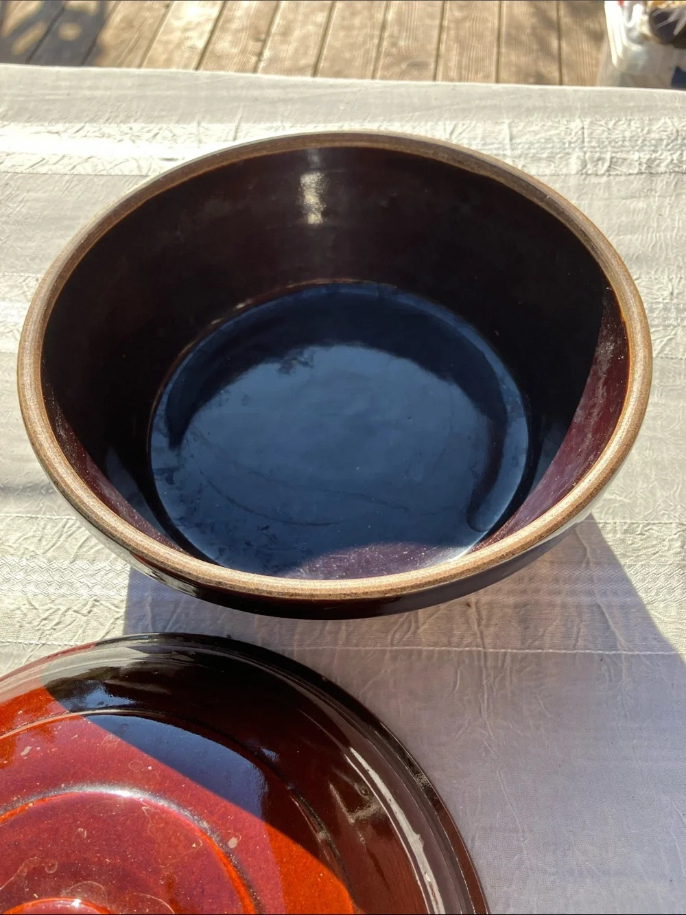 Mcm stoneware heavy brown glazed Dutch oven roaster with lid